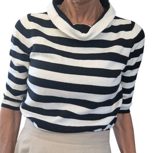 Talbots Petite Black White Striped Sweater Top Cowl Neck 3/4 Sleeve Size SP